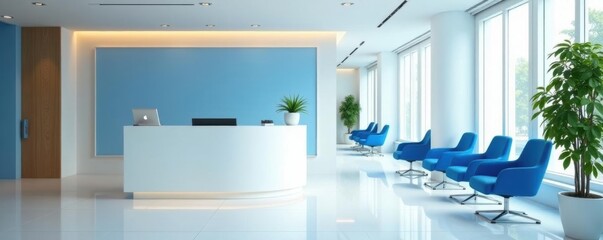 Modern white reception desk, blue chairs in hospital lobby, chairs, sterile, comfort