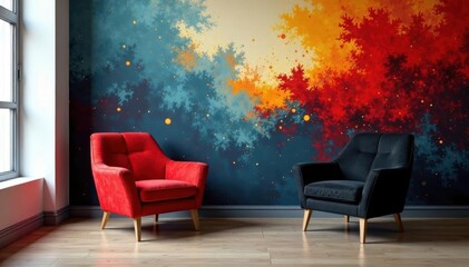 Modern red & black accent chairs, abstract art, ambiance, pattern, chic