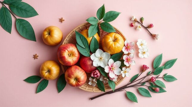 Taiwanese Wax Apples & Starfruits Flatlay &ndash; Vibrant Plum Blossoms, Betel Leaves & Tea Plant on Pastel Pink for Farm Fresh & Cultural Design