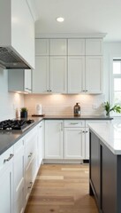 Sleek white shaker cabinets, grey quartz countertops, modern backsplash, kitchen design, shaker cabinets, luxury
