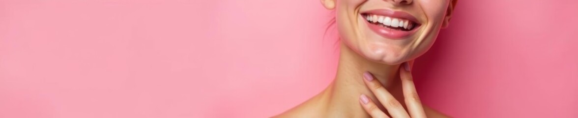 Fototapeta premium Smiling face, neck touch, pastel pink background, photography, smiling, makeup