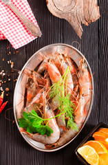 boiled shrimps with aroma spic on metal plate