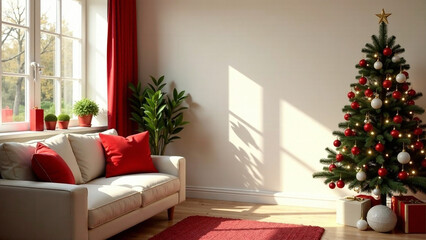 Generate an AI photo of a cozy bohemian living room in beige and red colors, bathed in natural sunlight.  A decorated Christmas tree, red soft pillows on a beige sofa, and copy space on the wall are i