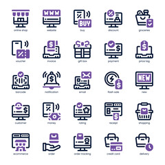 Online Shopping Icon pack for your website, mobile, presentation, and logo design. Online Shopping Icon dual tone design. Vector graphics illustration and editable stroke.