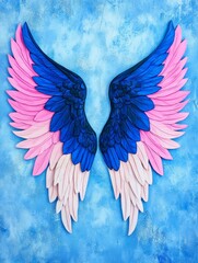 Obraz premium Pink and Blue Angel Wings - A pair of decorative angel wings, painted in shades of pink and blue, against a light blue background