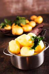 Young potatoes. Fresh potatoes on dark background.