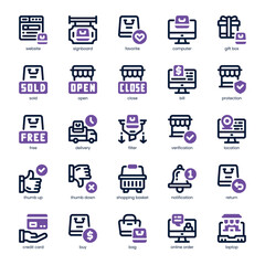 Shopping and Commerce Icon pack for your website, mobile, presentation, and logo design. Shopping and Commerce Icon dual tone design. Vector graphics illustration and editable stroke.