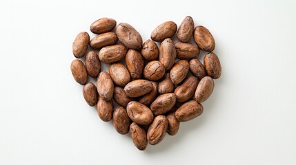 Fototapeta premium Indulge in the rich, natural beauty of cacao beans, meticulously arranged to form a captivating heart shape against a clean, minimalist white background This striking image evokes feelings of love