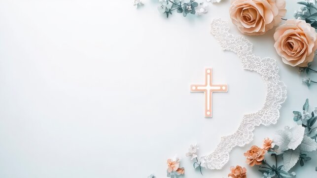 Baptism Invitation Template  Floral Cross  Lace  Roses