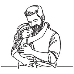 continuous one single black line art doodle drawing of Dad and daughter sharing a heartfelt hug illustration