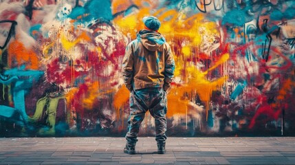 Fototapeta premium Individual admires vibrant street art in urban setting during daylight exploring creativity and local culture