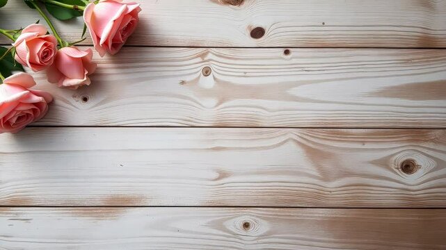 Pink roses on a rustic wooden table creating a charming and elegant floral arrangement