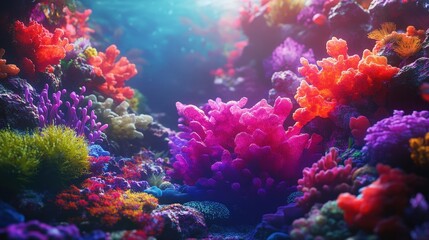 Fototapeta premium A mesmerizing close-up of a coral reef bathed in vibrant hues; deep purple intertwined with soft pinks and oranges dances under the water's surface, creating an enchanting underwater tableau