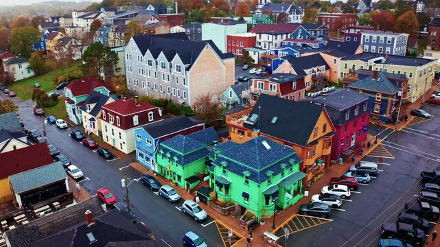 Aerial drone shot over the local town of Lunenburg in Nova Scotia, Canada. Fishing lobster town. Foggy misty day.