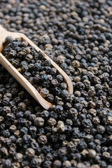 Black peppercorns ( Black pepper ) seeds on wooden shovel spoon with black peppercorns background. Food ingredients. Aromatic spice