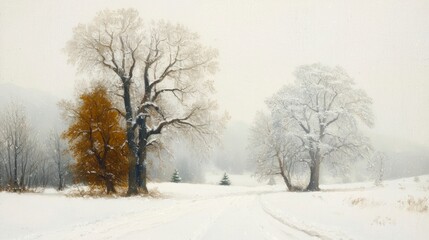 Fototapeta premium Serene Winter Landscape Snow Covered Trees Snowy Path Winter Wonderland