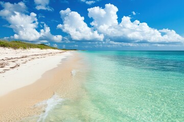 Obraz premium A serene beach with soft sand and clear turquoise waters under a bright blue sky adorned with fluffy white clouds.