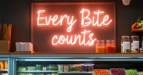 Neon sign every bite counts muted coral electric jade glowing healthy meal prep store softly reflecting eco friendly food packaging