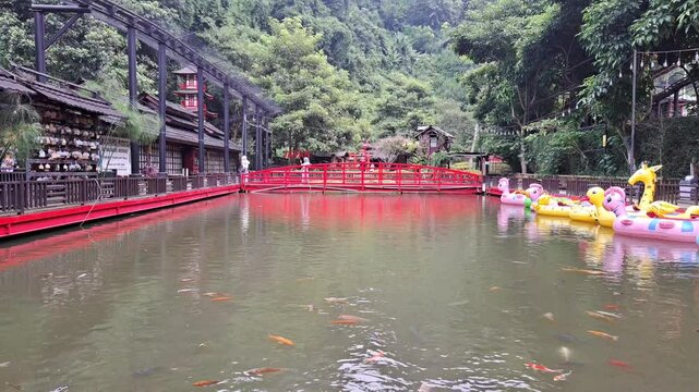 Bandung, indonesia February 28th 2025 : A serene Japanese pond with koi fish and traditional architecture
