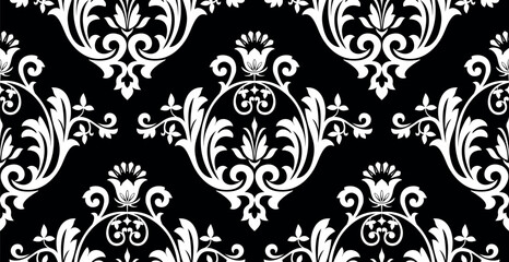 Wallpaper in the style of Baroque. White and black floral ornament. Seamless vector background. Graphic pattern for fabric, wallpaper, packaging. Ornate Damask flower illustration.