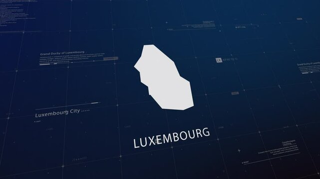Luxembourg country map comes to life with cinematic panning, unveiling key details, the capital, and slogan, providing an engaging background for corporate and commercial use