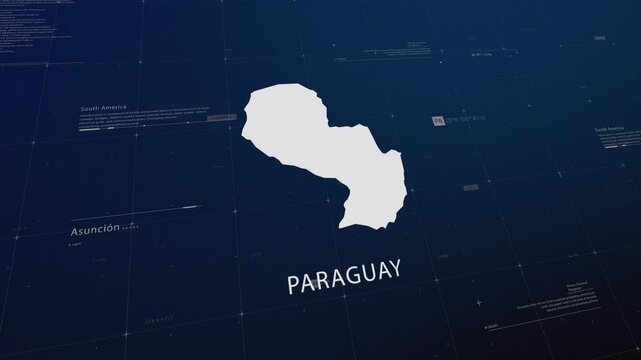 Paraguay country map comes to life with cinematic panning, unveiling key details, the capital, and slogan, providing an engaging background for corporate and commercial use