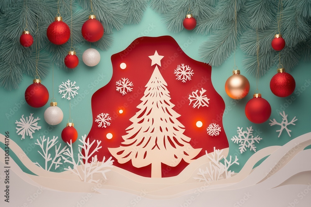 Poster festive paper cutout design showcasing a glowing christmas tree with ornaments and snowflakes in a c