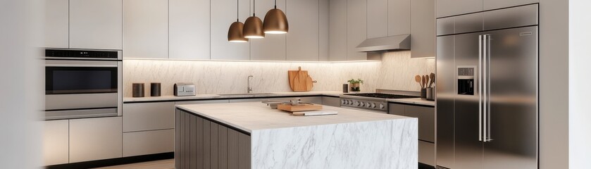 A modern kitchen featuring sleek cabinetry, a spacious island, stainless steel appliances, and stylish pendant lighting.