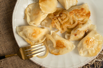 Close up of homemade fried polish pierogi served with fried onion