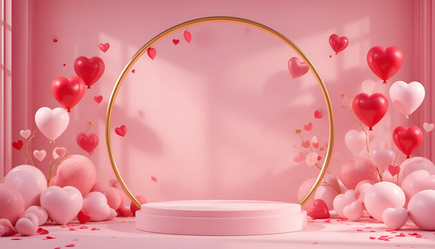 A Romantic Valentines Day Scene With Pink And Red Heart Balloons Floating Around A Golden Circle And A Pink Pedestal, Creating A Dreamy, Loving Atmosphere Isolated on Transparent Background