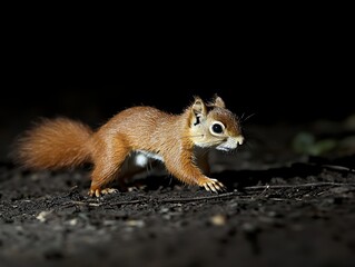 Squirrel foraging on ground, dark background