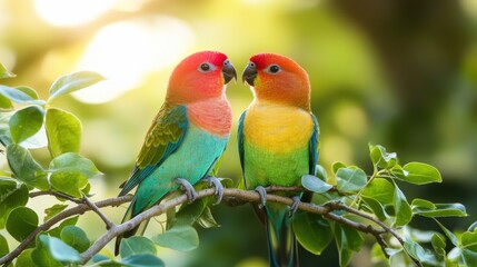 Fototapeta premium Two vibrant parrots sit close together on a branch, showcasing their bright red heads and colorful plumage against a blurred natural backdrop.