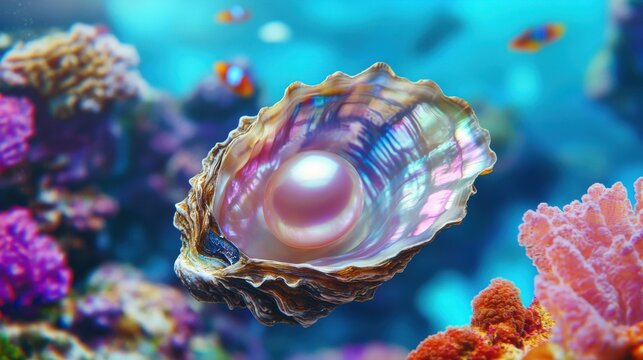 A beautiful oyster shell reveals a lustrous pearl, surrounded by vibrant coral and colorful fish in a serene underwater scene.