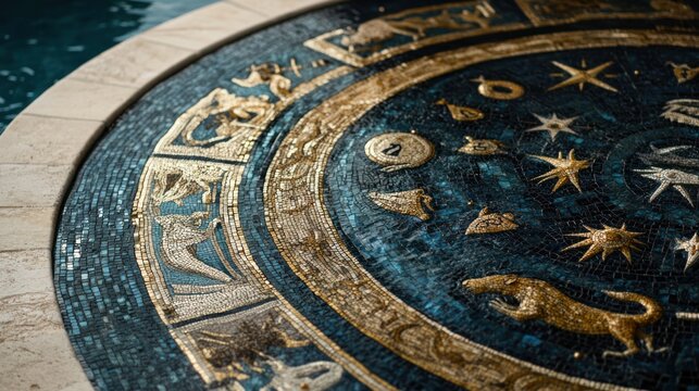 Zodiac mosaic, circular water feature