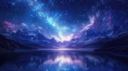 Fototapeta premium A starry sky with the Milky Way arching brightly over a calm lake surrounded by mountains, creating a peaceful celestial landscape