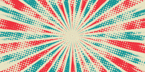 Retro background with curved, rays or stripes in the center. Rotating, spiral stripes. Sunburst or sun burst retro background. Turquoise and red colors. Vector illustration