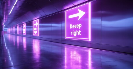 Futuristic glowing purple keep right sign white arrow mounted sleek urban divider reflecting polished metallic surfaces