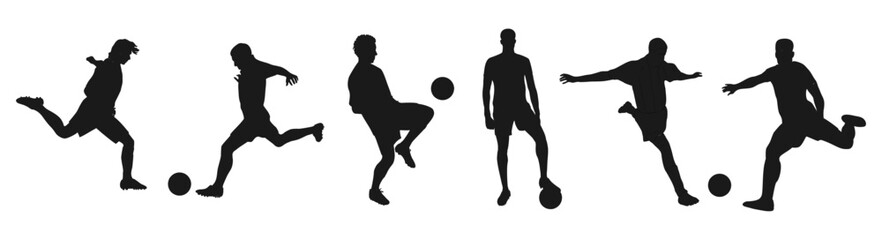 Set of soccer football player silhouettes with ball in different poses, running, kicking. People playing sport game. Vector black monochrome illustration isolated on transparent background.