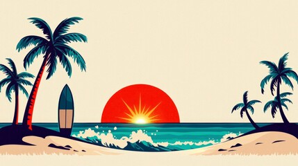 Retro Sunset Beach Scene  Palm Trees  Surfboard  Ocean Waves