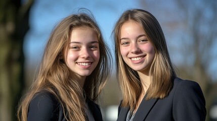 Obraz premium Two young women share a warm smile, radiating joy and connection. 