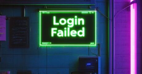 Neon sign login failed cyber green radiant blue flickering outside lit underground hacker den futuristic computer terminals