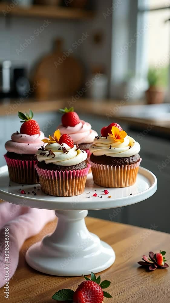 Poster four cupcakes with frosting and strawberries on top. one of the cupcakes has a strawberry on top of 