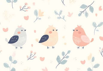 Cute birds and floral pattern pastel colors vector
