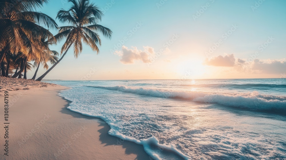 Leinwandbilder Tropical beach at sunrise with palm trees and gentle waves creating a serene atmosphere Generative AI