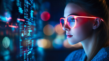 A modern lady interacts with futuristic technology, engaging with holographic displays. The concept of innovation, artificial intelligence, and the evolution of human-technology interaction.