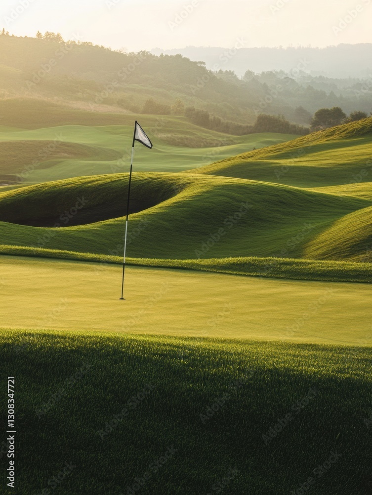Poster serene golf course with rolling hills and flag marking the hole during golden hour light for tranqui