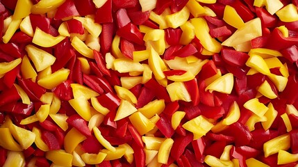 Background of raw red and yellow peppers cut into pieces