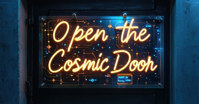 Neon sign open cosmic door bright amber deep navy mounted inside hidden quantum vault softly glowing intricate keypads