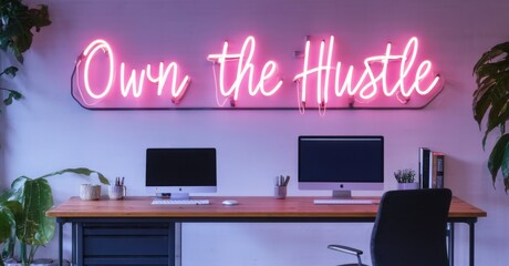 Neon sign own hustle bright pink deep navy mounted lit co working space glowing standing desks collaborative workstations