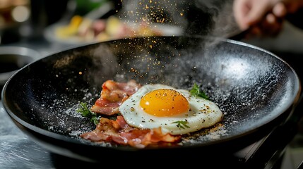 Bacon of egg dish in which a fried egg is added to cooked bacon